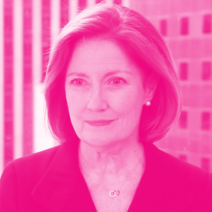 Joan Lamm-Tennant&#039;s headshot with a hot pink filter.