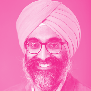 Kulvir Gill's headshot with a hot pink filter.