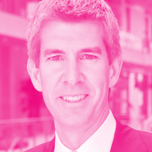 Murray McCaig's headshot with a hot pink filter.