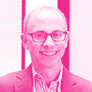 Steven Abrams' headshot with a hot pink filter.