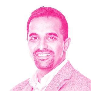 Umair Akeel's headshot with a hot pink filter.
